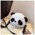 Soft plush panda head crossbody bag with cylindrical shape and sandwich pocket.
