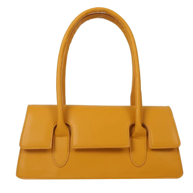 Women's horizontal square PU leather shoulder bag in black with stitching detail and sandwich pocket design