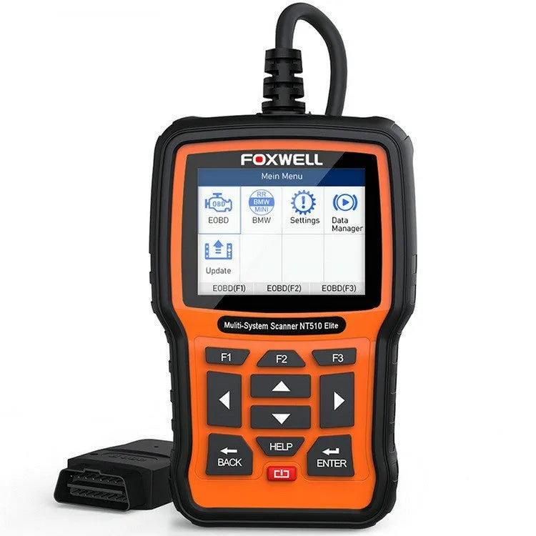 Orange and black Foxwell NT510 automotive diagnostic scanner with OBD2 cable and large colour screen
