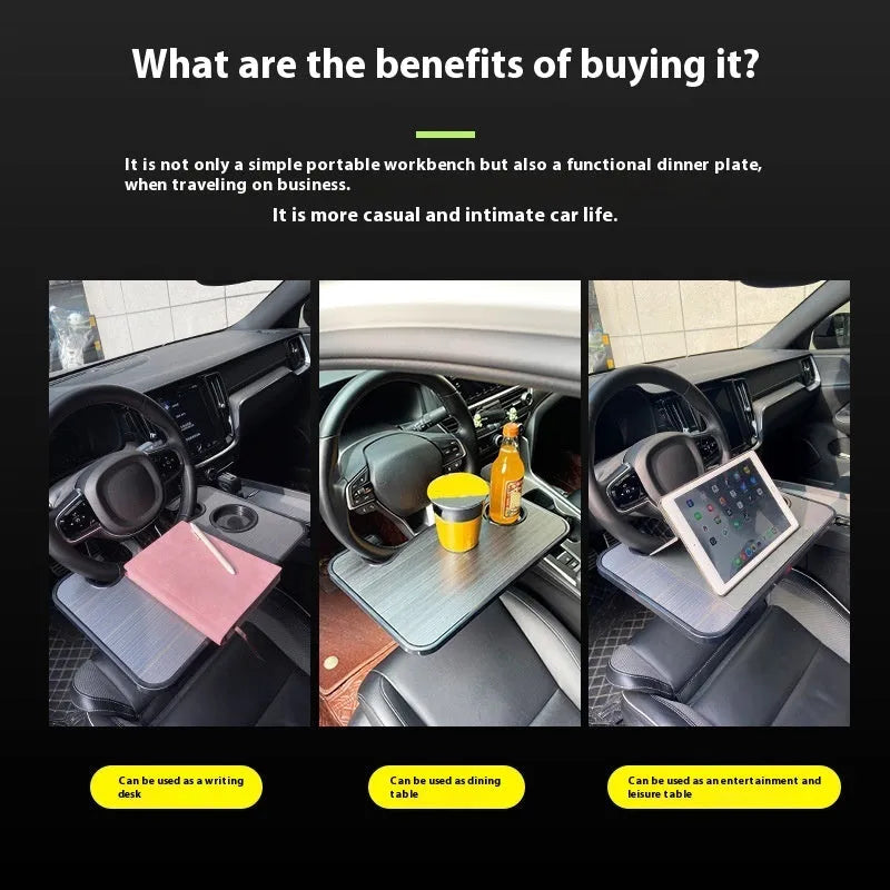 Large black portable car tray with foldable cup holder placed over a steering wheel