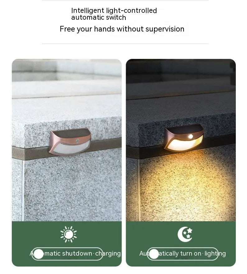 Solar-powered outdoor wall lamp with smiling face design in ABS plastic.