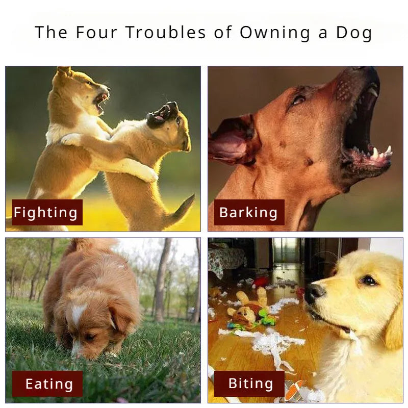 Black or brown dog muzzle silencer for anti-barking and bite prevention with size chart
