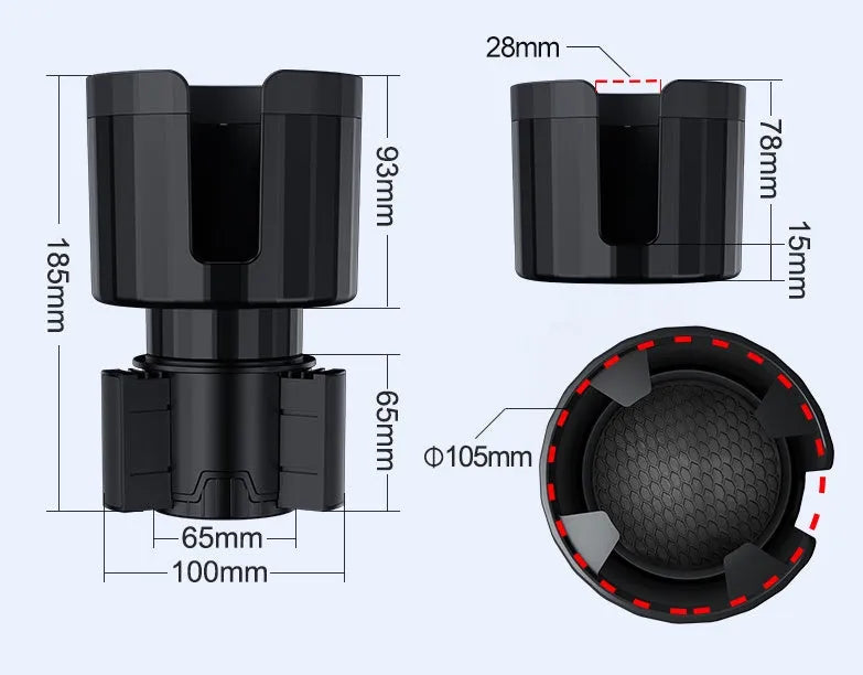 Matte black ABS car cup holder expander for oversized bottles with twist adjustment mechanism