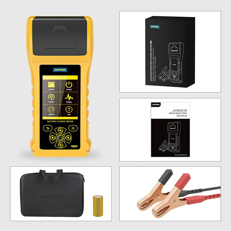 Autool BT-760 colour screen vehicle battery tester with red and black alligator clips.