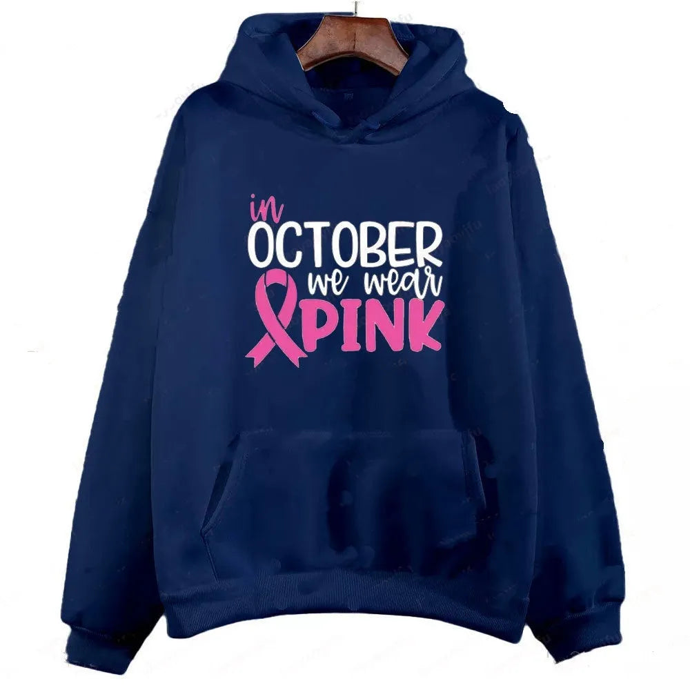 Women's pink retro print pullover hoodie with side seam pockets