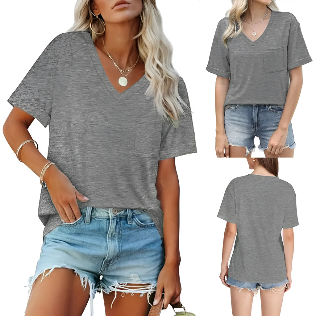 Grey loose fit V-neck short sleeve T-shirt with a front chest pocket on a hanger.