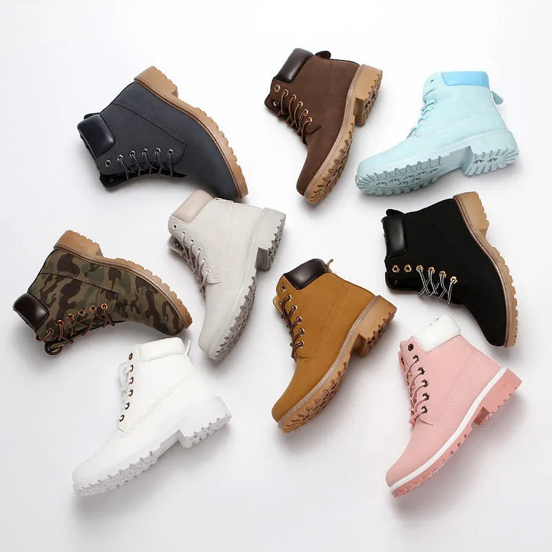 Men's pink high-top Martin boots with velvet lining, flat sole, and round toe.