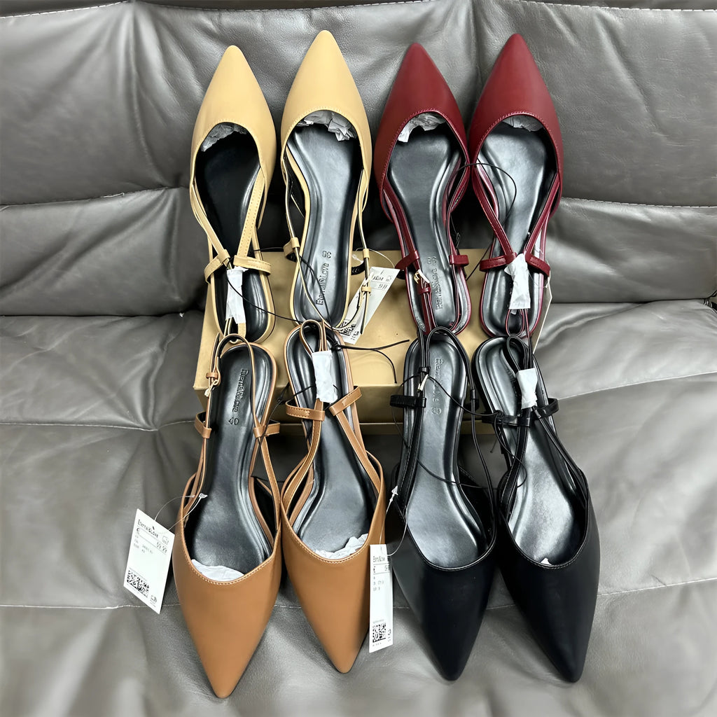 Flat pointed toe women's sandals with buckle closure, low heel, microfiber upper, available in multiple colours