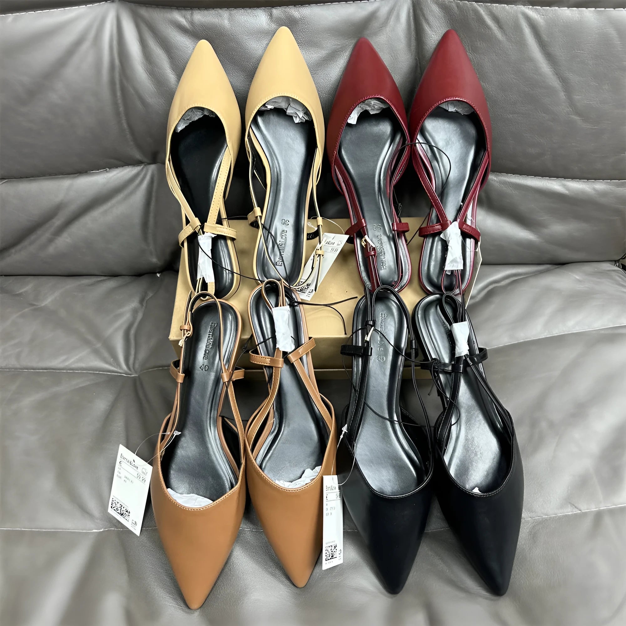 Flat pointed toe women's sandals with buckle closure, low heel, microfiber upper, available in multiple colours