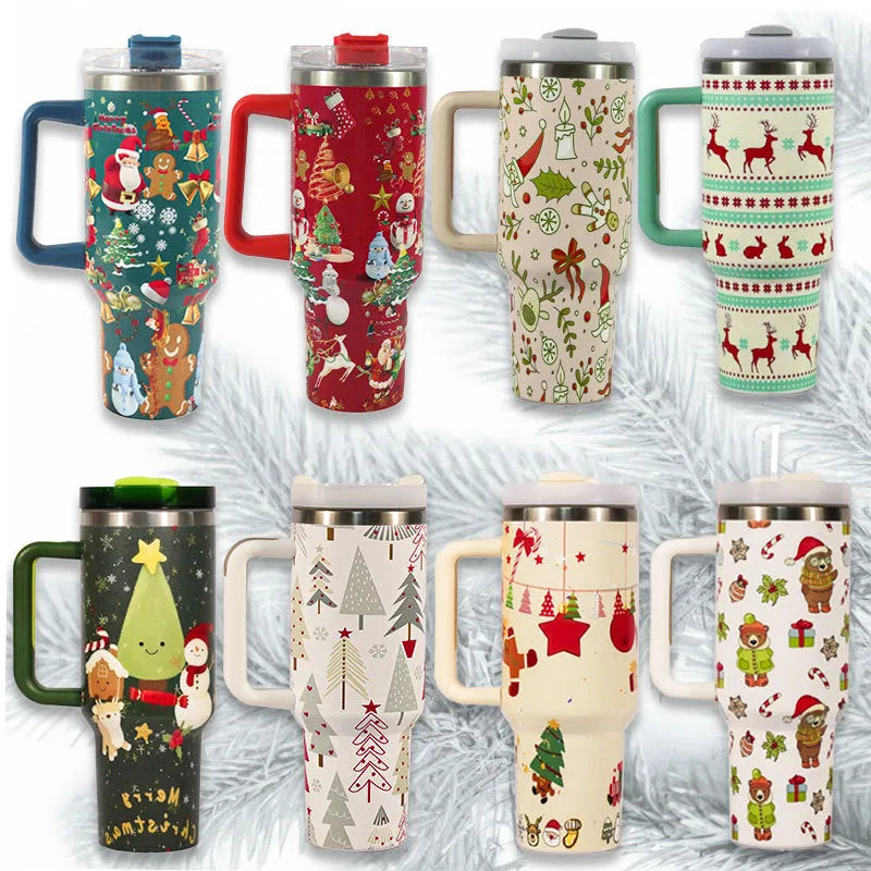 Christmas pattern stainless steel vacuum tumbler with handle, lid and straw showing 1200ml capacity measurements