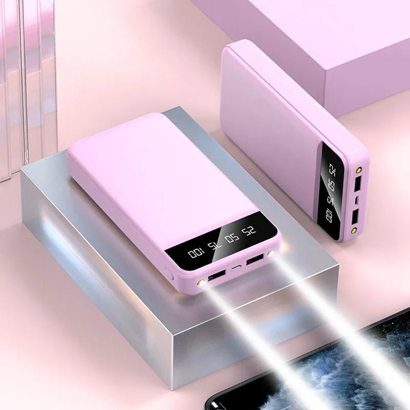 20000mAh polymer power bank in black, white, pink or blue with multiple USB ports