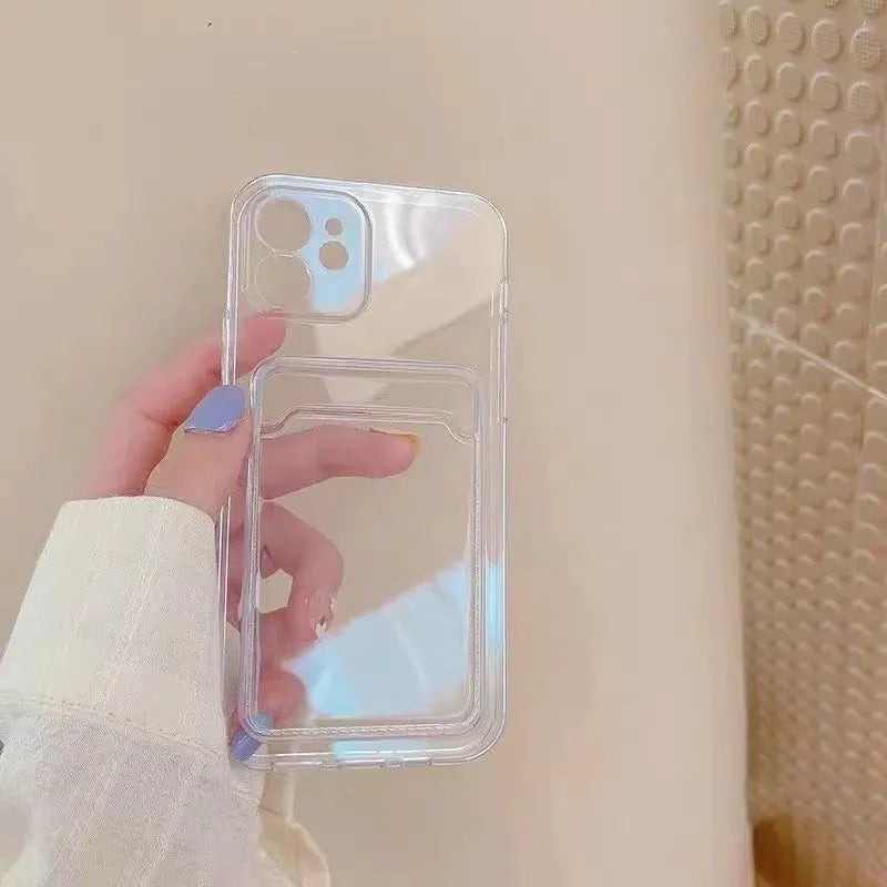 Clear transparent PVC iPhone case with a credit card visible in the integrated rear slot.