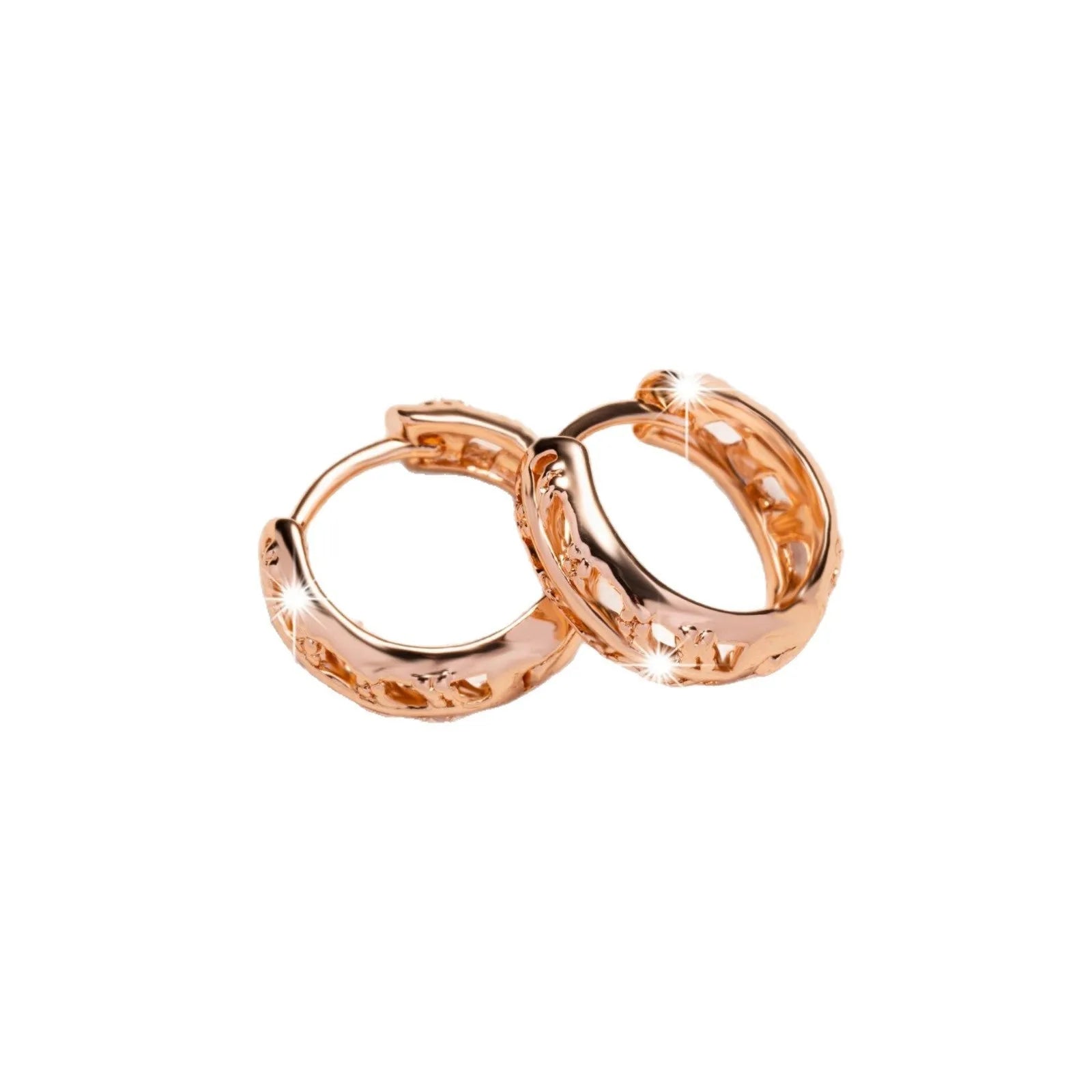 Rose gold plated copper stud earrings with hollowed leaf and heart design.