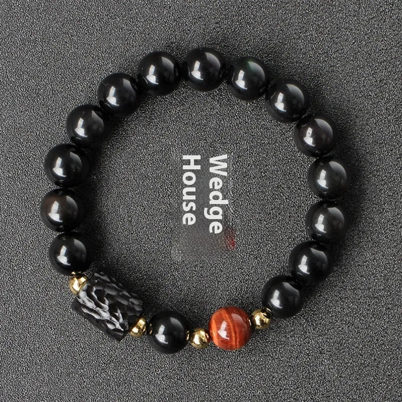 Handmade obsidian bracelet with 10mm tiger eye agate beads in unisex design