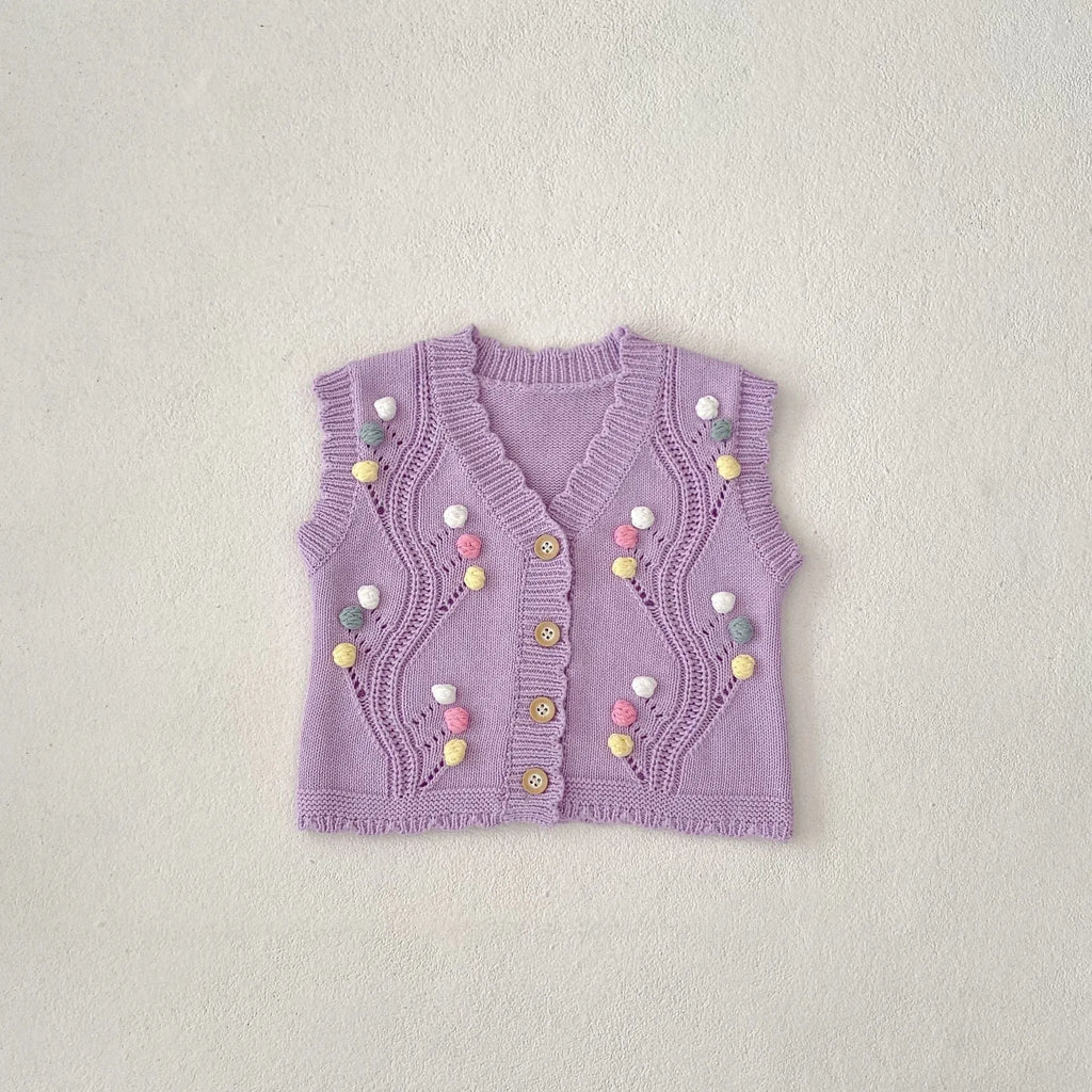Cute purple dot children's knitted cotton vest sleeveless casual top for toddlers 73cm size