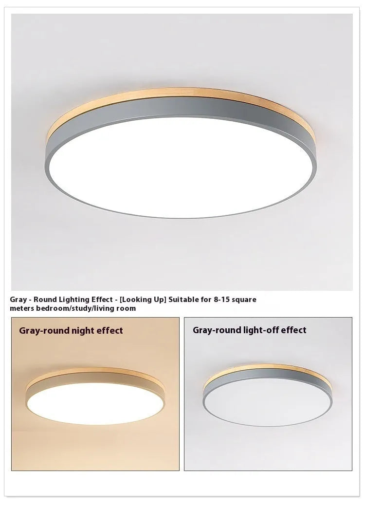 Nordic style round ceiling lamp made of solid wood and iron with a white finish.