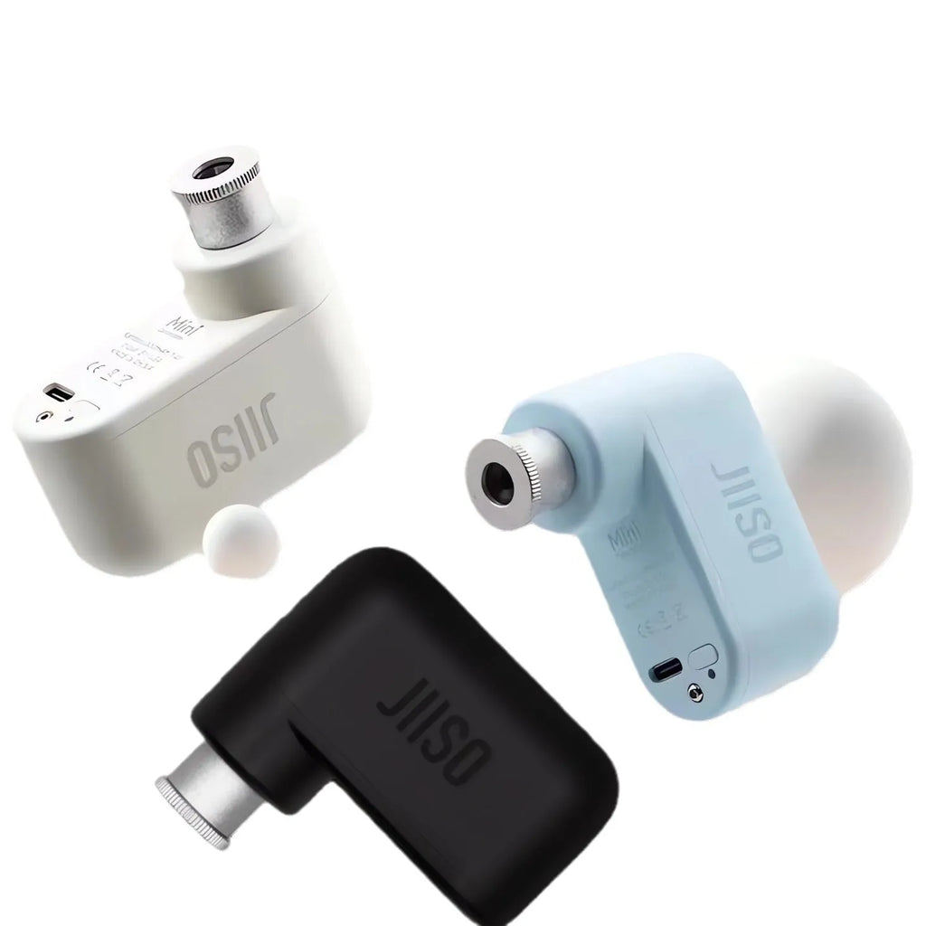 Mini electric portable bicycle pump in black, light blue, or white with charging cable and valve accessories