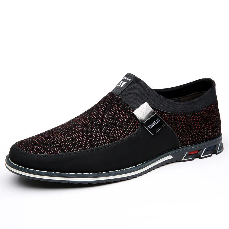 Men's grey and white synthetic leather flat casual shoes with a square toe and rubber sole.