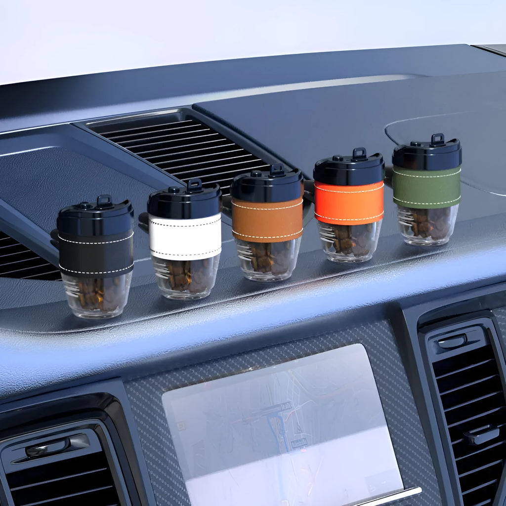 Coffee cup shaped plastic car perfume air freshener with solid coffee beans fragrance in five colour options