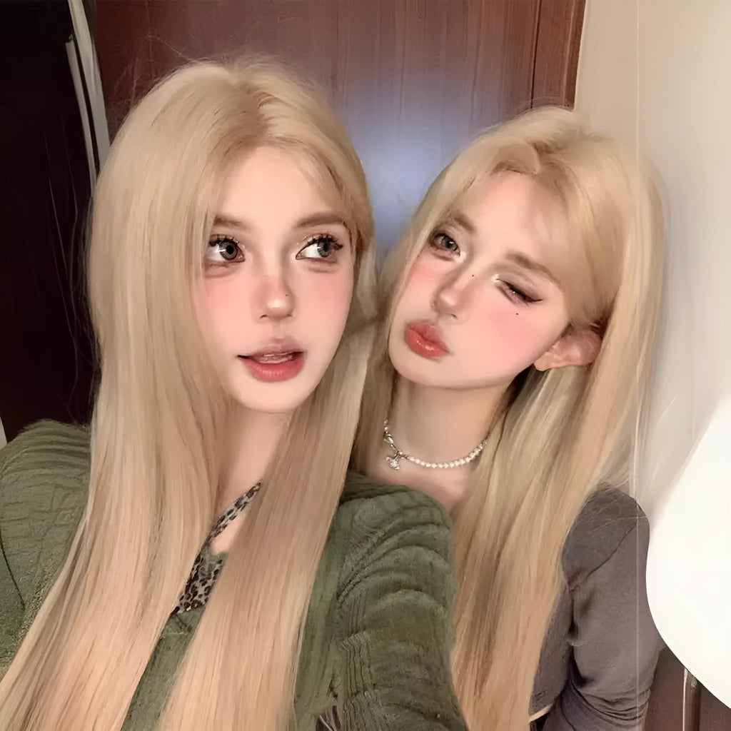 Women's long straight milk tea blonde wig on a stand with hair net.