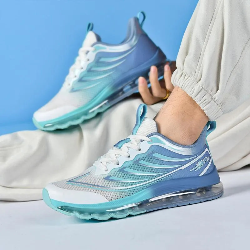 Plus size men's white and blue woven fabric sneakers with a round toe on a plain background.