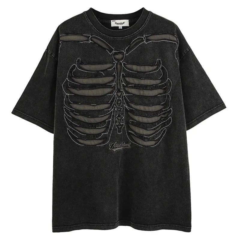 Men's black skull graphic cotton T-shirt with loose fit and drop shoulder sleeves