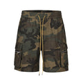 Men's camouflage pattern cargo shorts with multiple pockets and cropped leg length