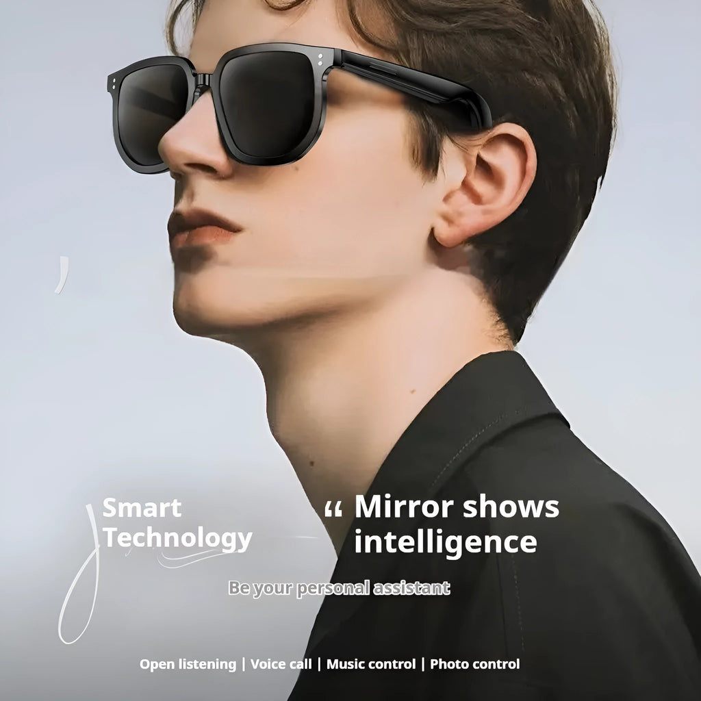 Black AI smart glasses with Bluetooth audio, UV protection lens, and touch controls on the frame.