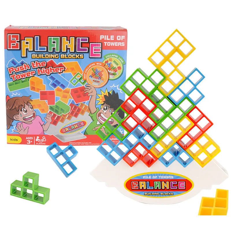 Plastic balance stacking board game with 16 colourful blocks, chassis, and base on a table.