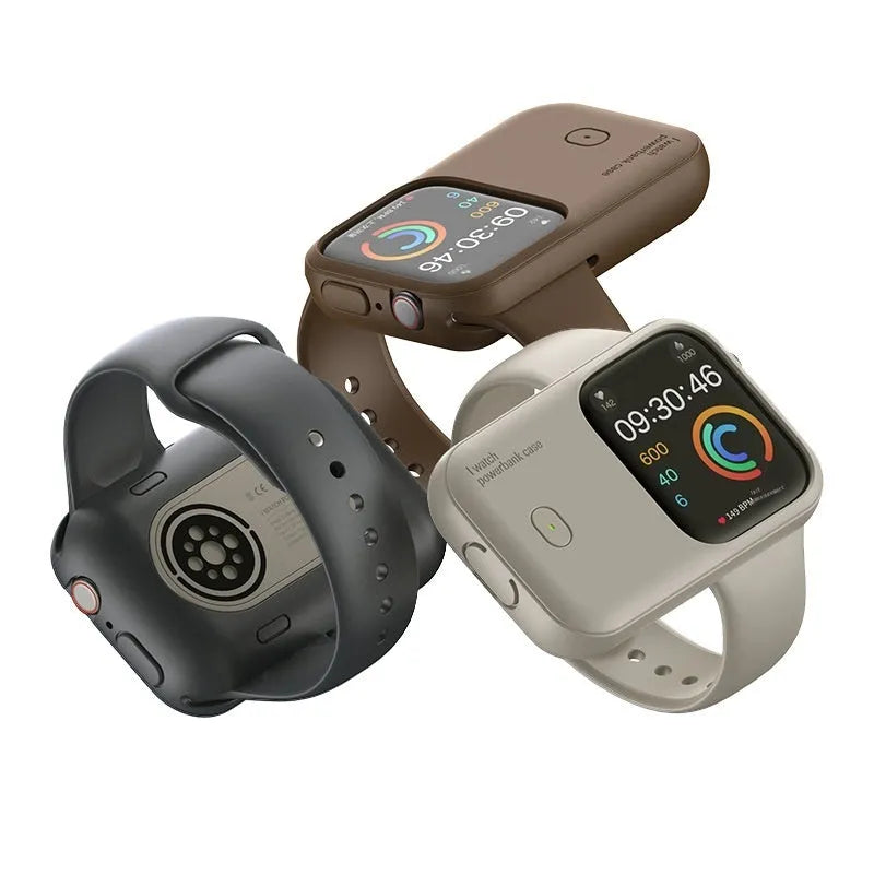 Apple Watch portable wireless charging case power bank in brown, midnight blue, and starlight colours.
