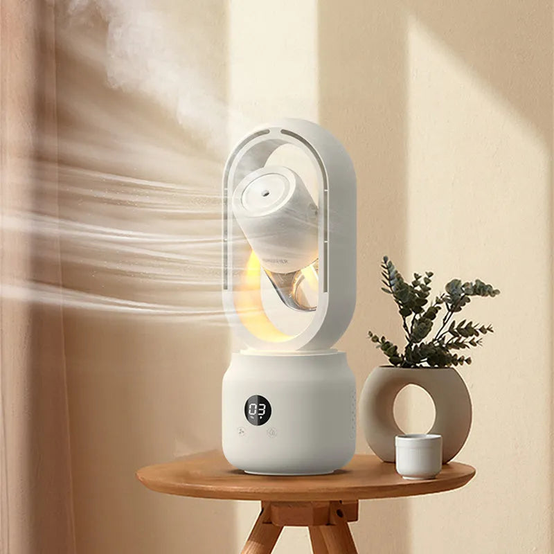 White bladeless table fan with humidifier tank on a desk, showing USB port and control buttons.