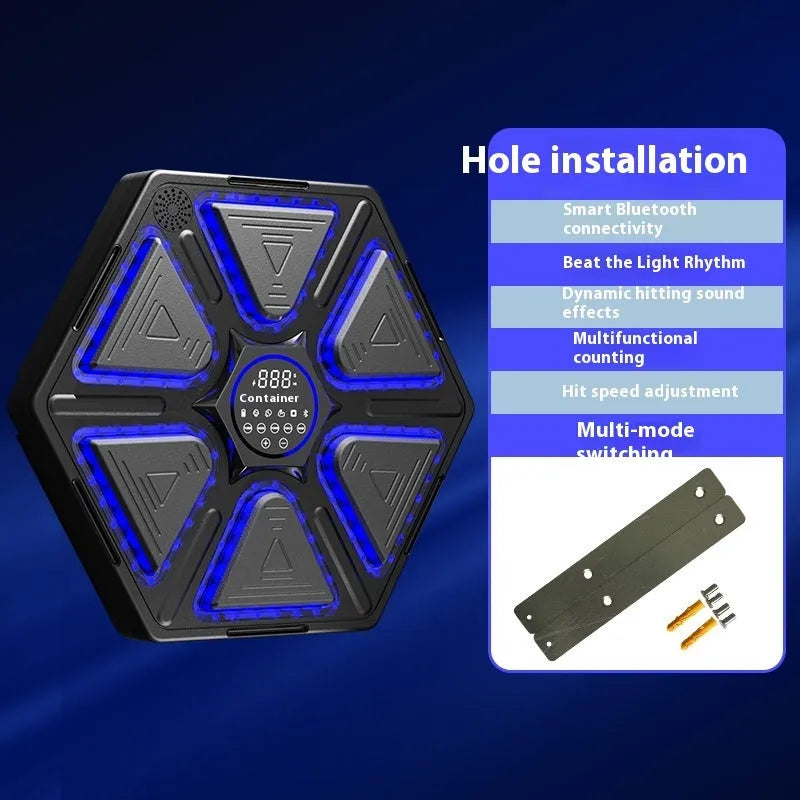 Electronic boxing wall target with music rhythm system showing dimensions and installation options