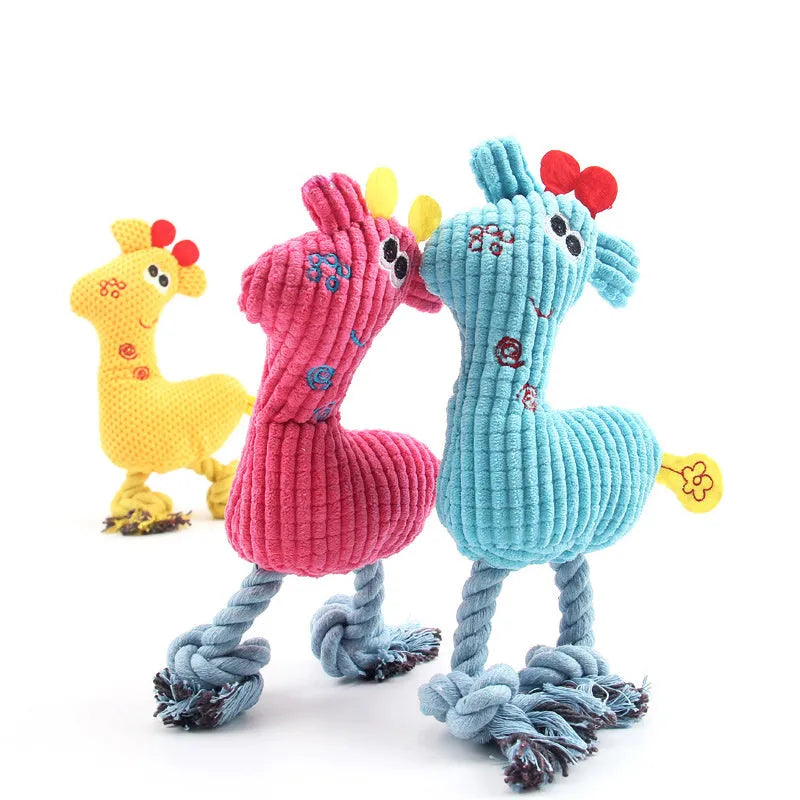 Blue deer-shaped plush dog toy with corn grain texture and squeaker for pets