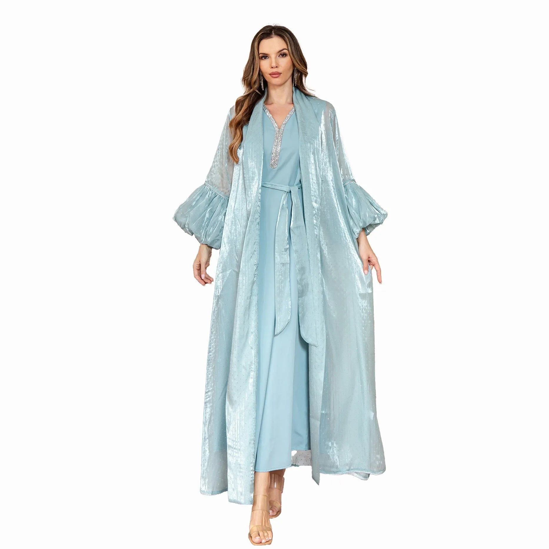 Brown Dubai Arabic two-piece dress set with rhinestone detail on long sleeve top and matching long skirt
