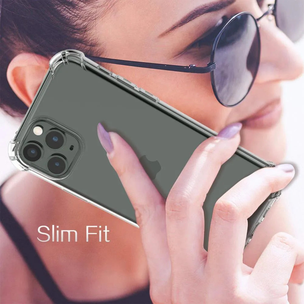 Clear transparent TPU shockproof iPhone case showing front and back views.