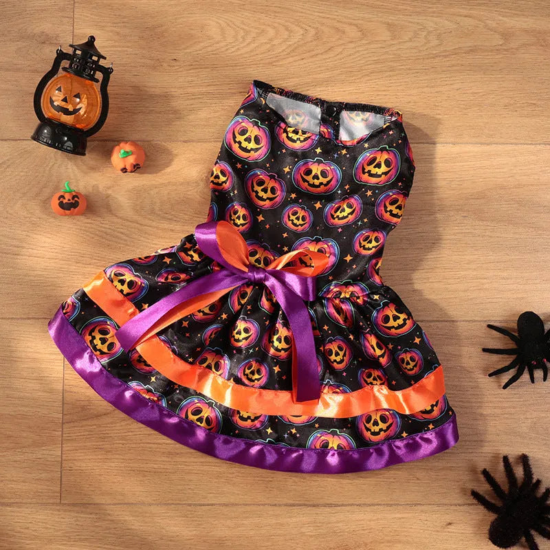Colourful Halloween dog skirt with pumpkin print, double-layer polyester.