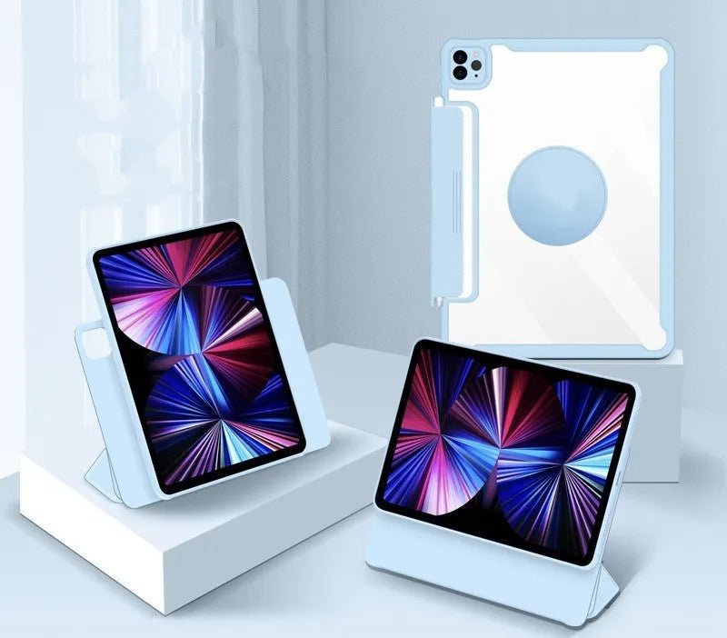 Magnetic iPad protective case in multiple colours showing retractable drawer for Apple Pencil.