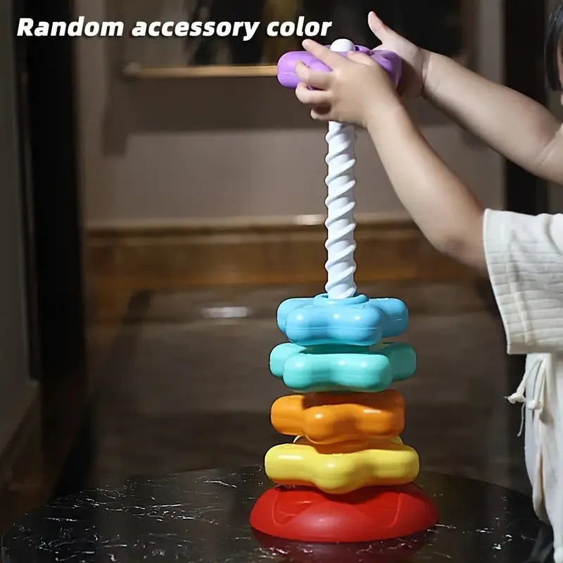 Rainbow rotating tower Jenga stacking toy with plastic pieces in 3-layer or 5-layer configuration for early education