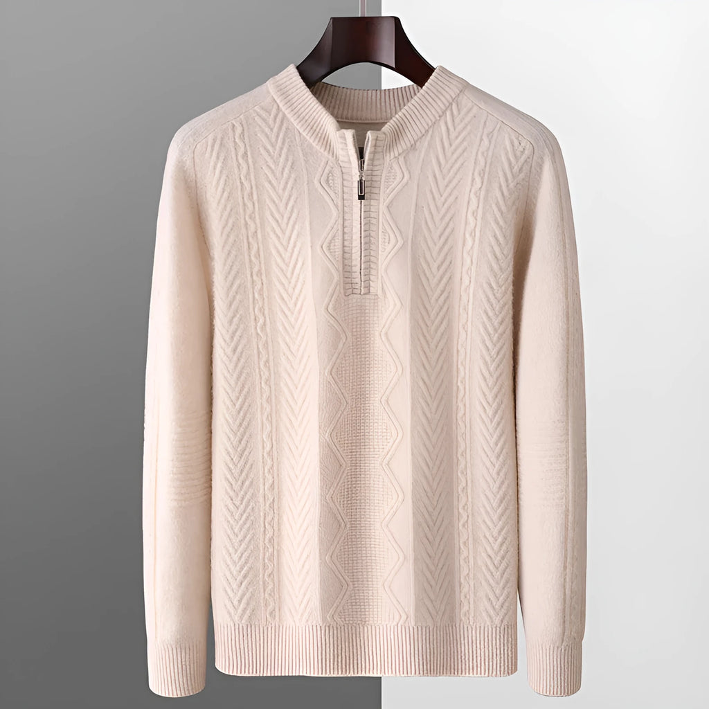 Men's grey diamond pattern wool half-zip sweater loose fit long sleeve