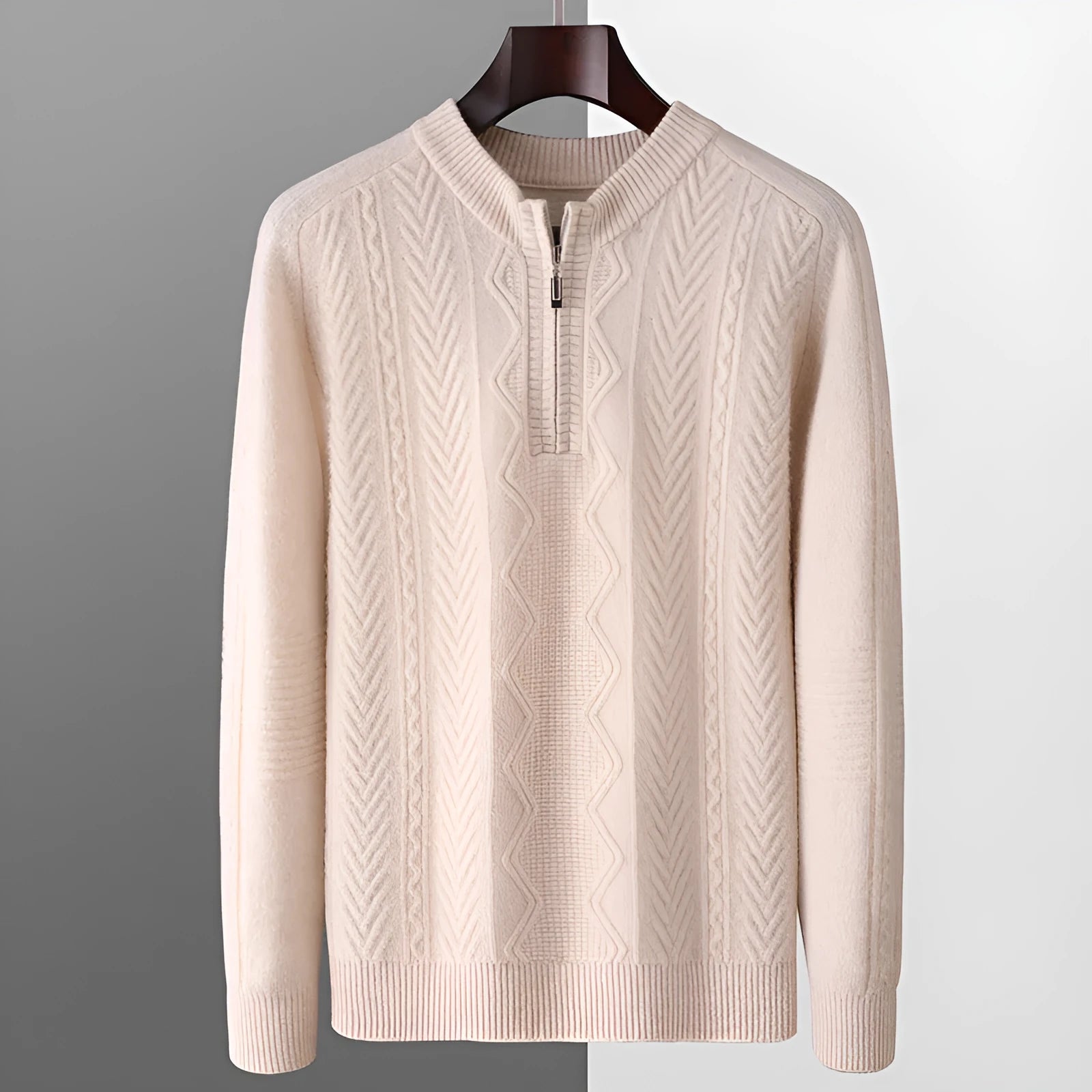 Men's grey diamond pattern wool half-zip sweater loose fit long sleeve