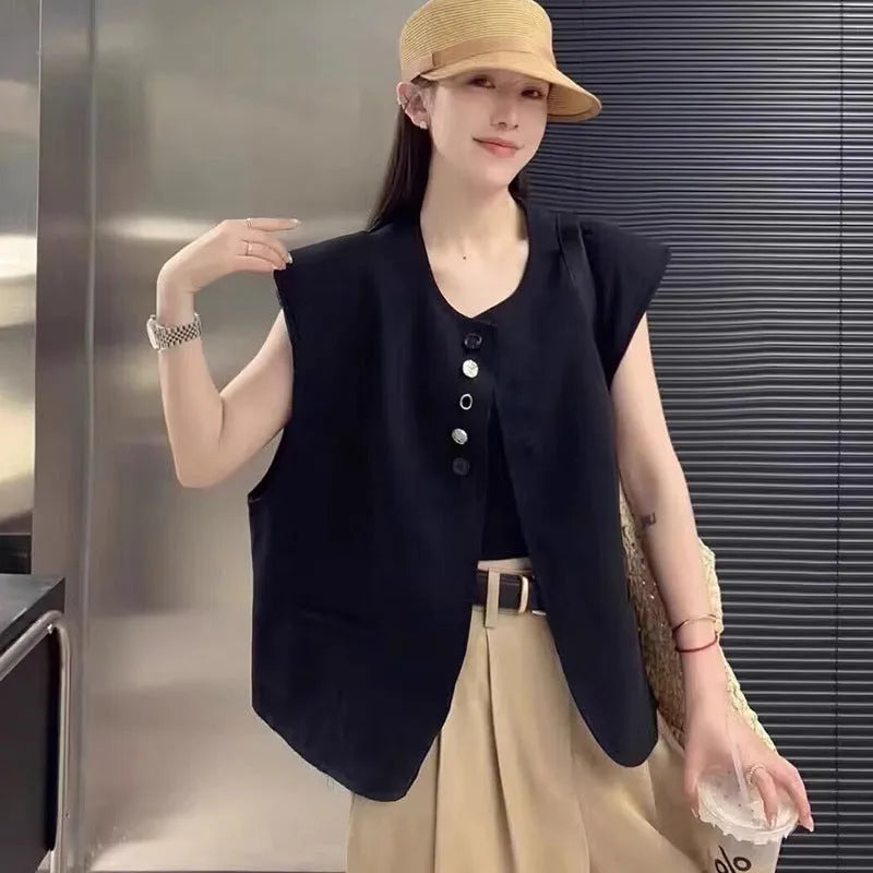 Women's loose fit polyester vest in milky white with a pocket detail and short 40cm length.