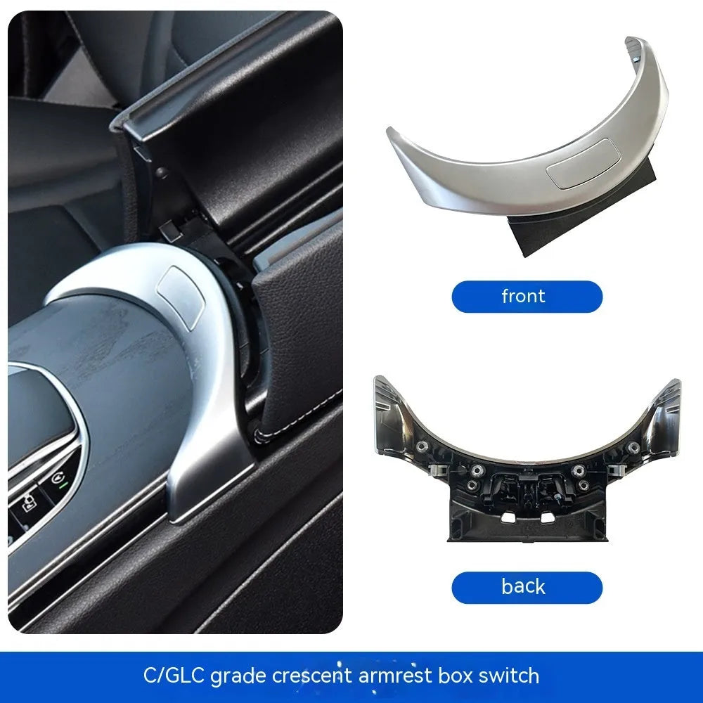 Electroplated replacement panel for Mercedes C-Class GLC-Class armrest button in silver, black, or carbon finish.