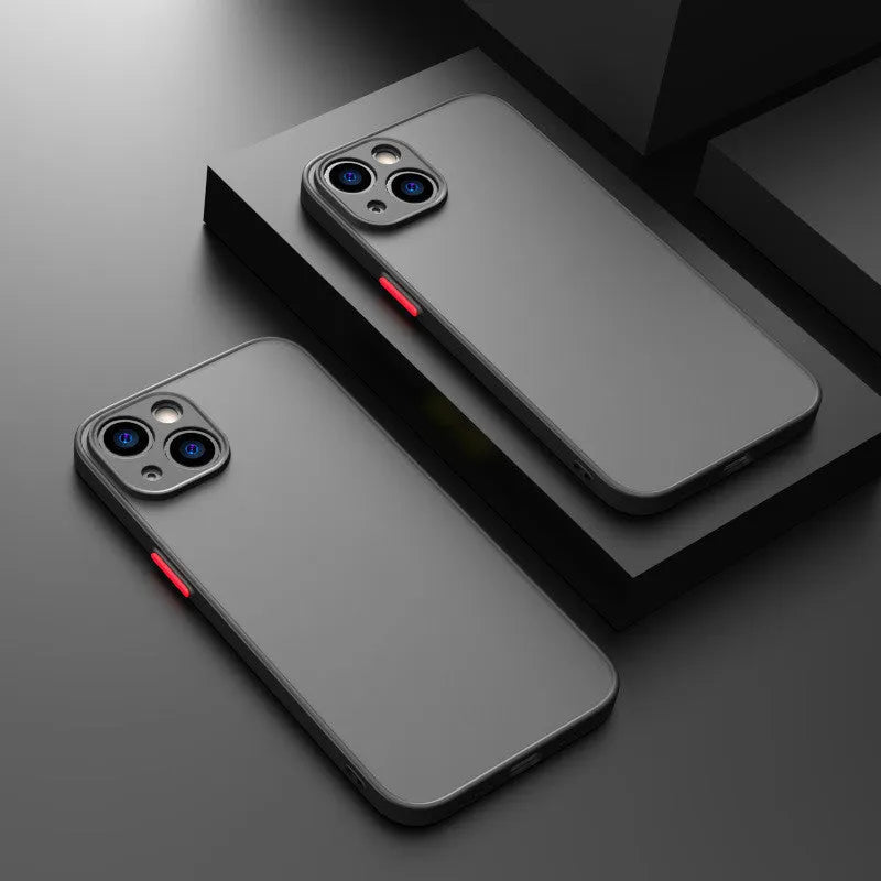 Hard frosted iPhone protective case with full camera lens coverage shown in dark green.