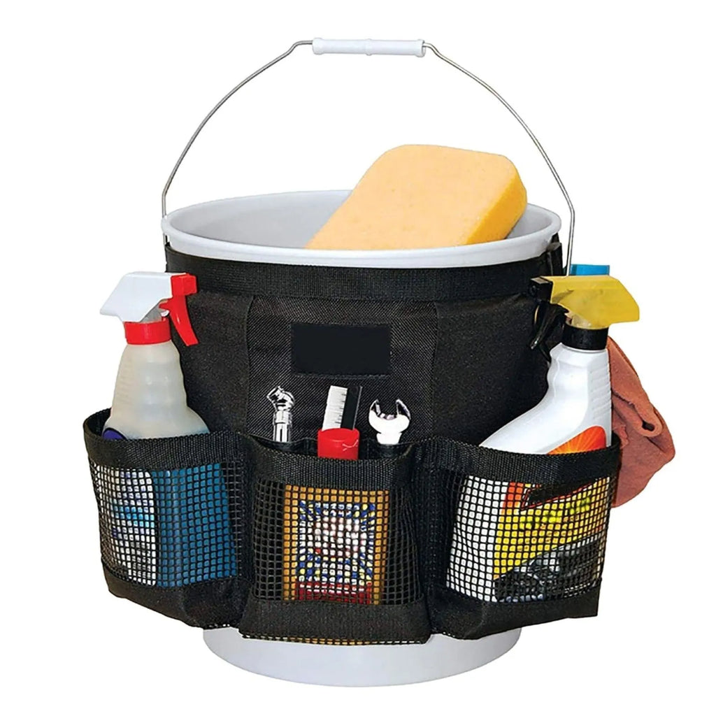 Black cylindrical polyester storage bag hanging on a 5 gallon barrel for organising tools.