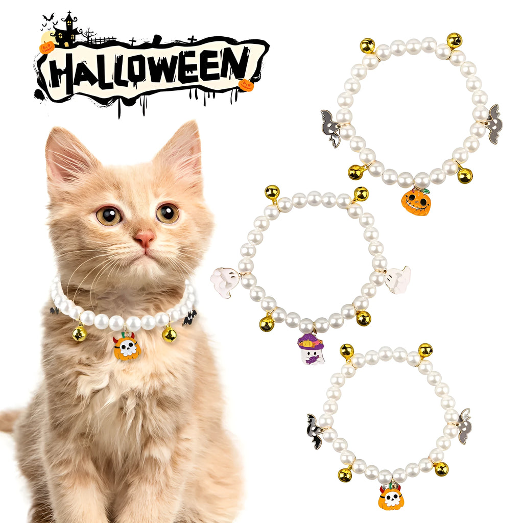 Halloween cat collar with simulated pearl necklace decoration in pumpkin design options