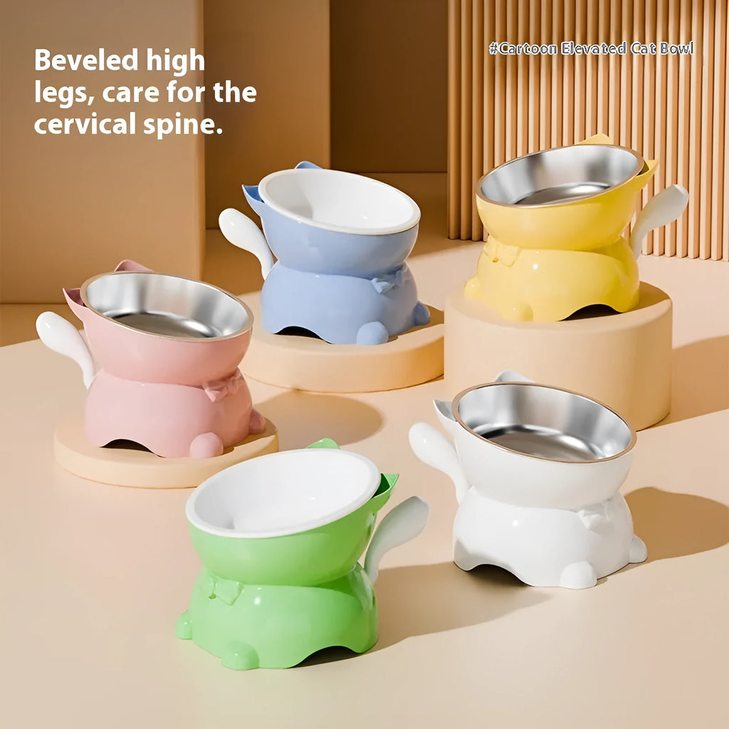 Stainless steel cat bowl with an angled anti-spill base in blue.