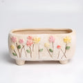 Hand-painted rectangular ceramic succulent pot with floral design, dimensions 13.7x6.2x6.5cm