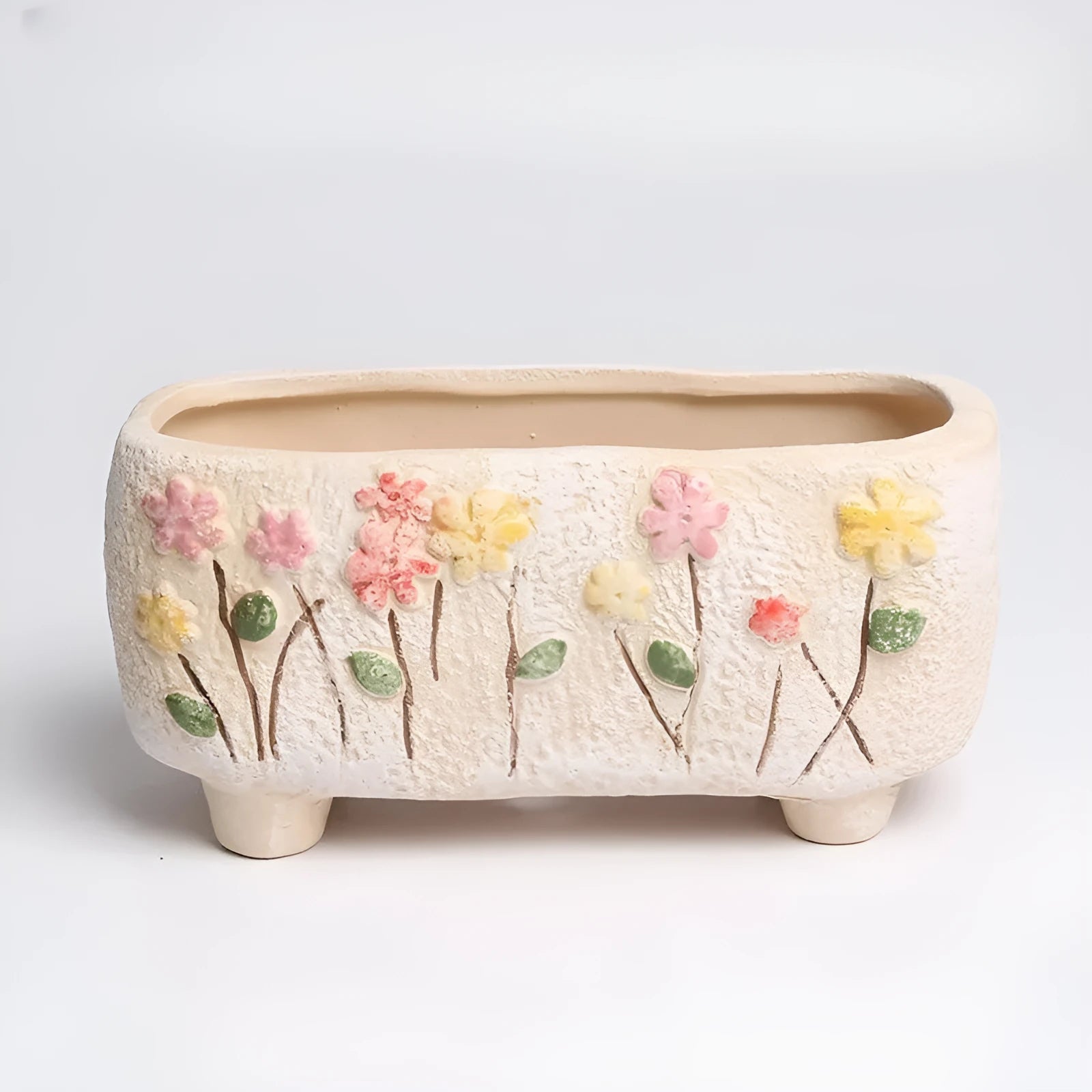 Hand-painted rectangular ceramic succulent pot with floral design, dimensions 13.7x6.2x6.5cm