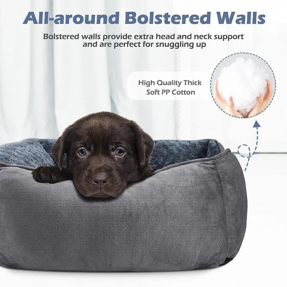 Golden Retriever stuffed enclosed pet kennel dog bed in beige, showing raised bolster edges and nest design.
