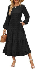 Beige long sleeve casual dress with ruffled sleeves and a high waist on a hanger.